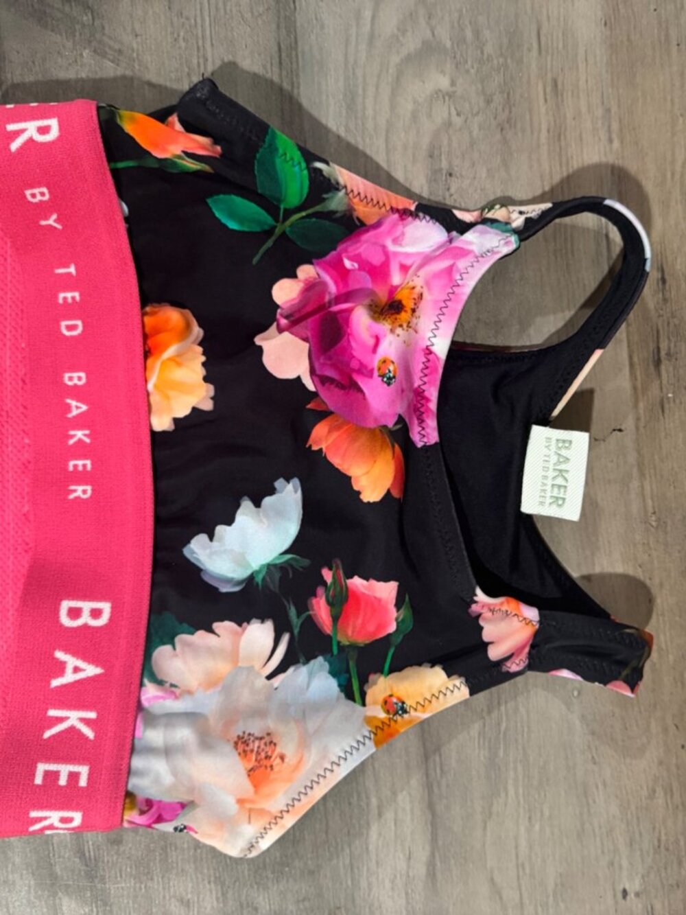Ted Baker Girls Floral Bikini Top Pink Logo Band Size 6 Yrs
